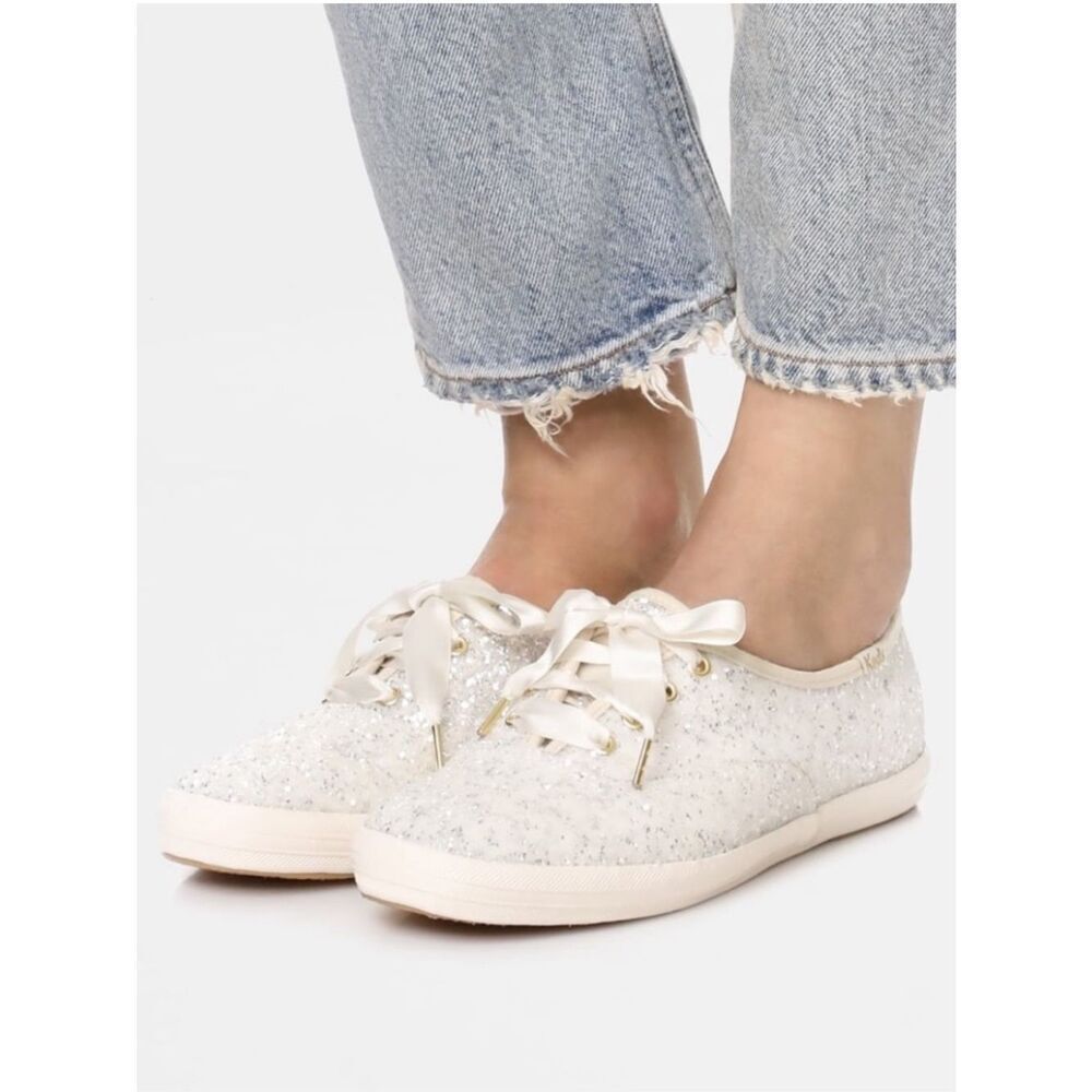 NIB Kate Spade x Keds Women's Glitter White Satin Lace Sneakers in Size 8